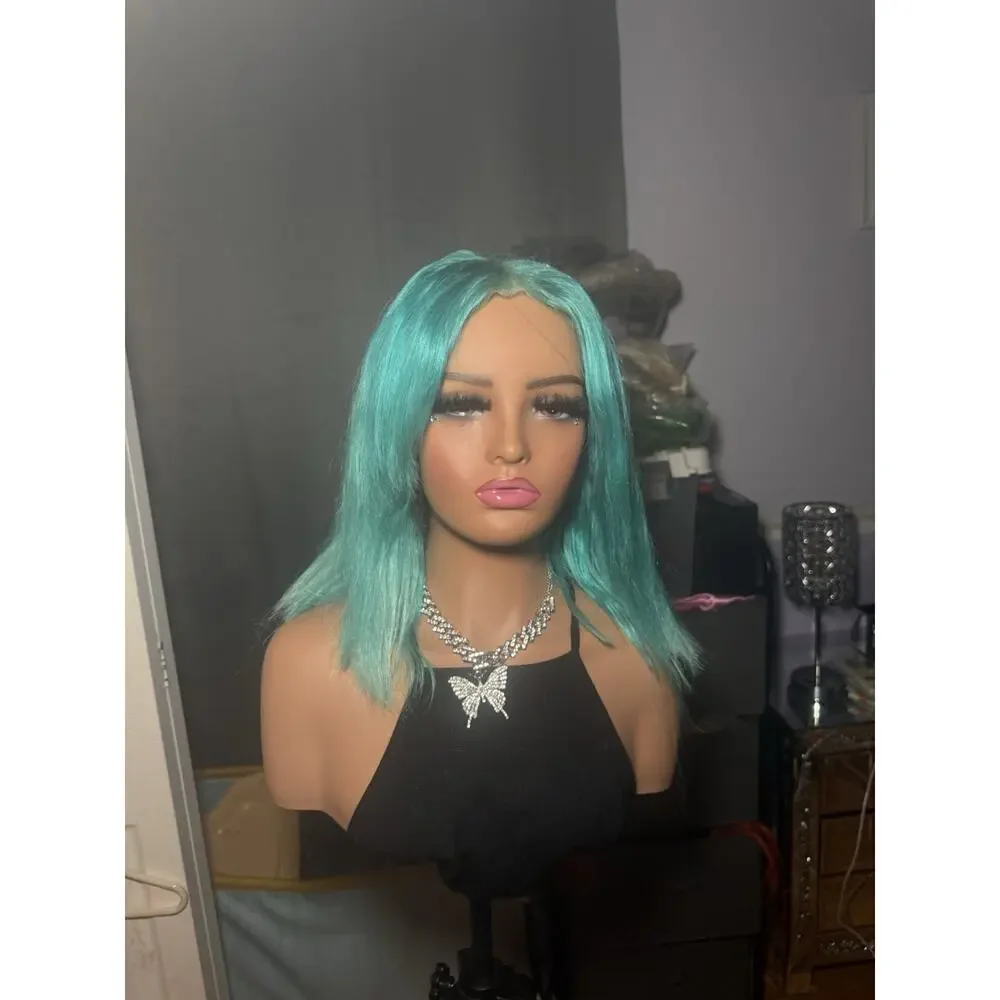 Human Hair Wig 13x4 Lace Front Aqua Blue Bob